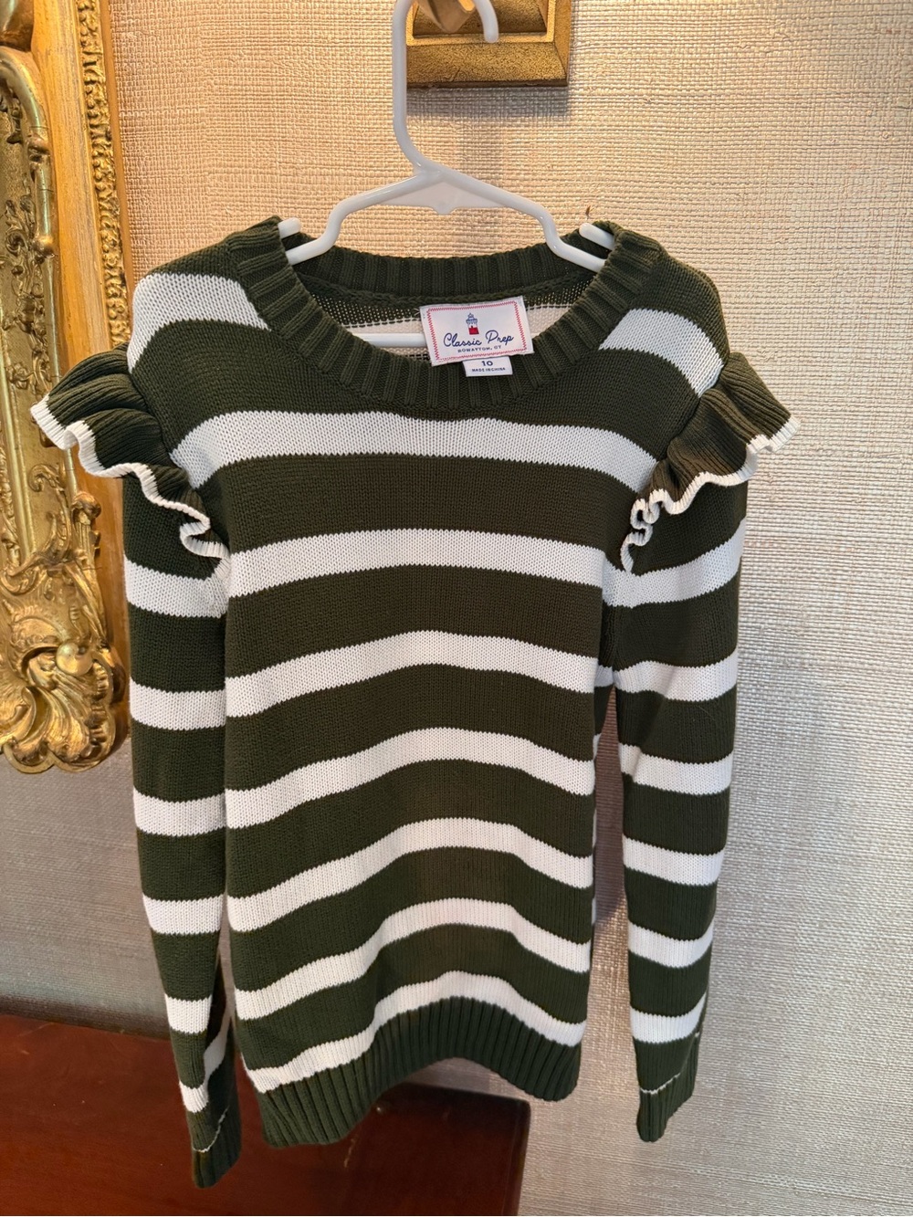 Girls Classic Prep Olive Green & White Stripe Ruffle Shoulder Sweater - 10